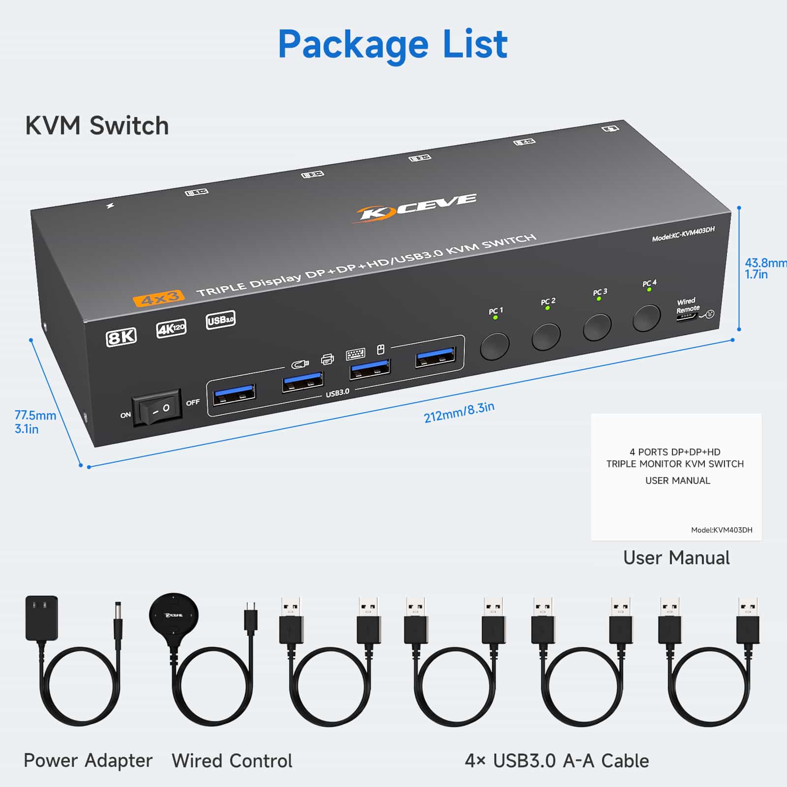 KVM403DH: 3 Monitors 4 Computers HD+Displayport,USB3.0 DP KVM Swithc,8K@30Hz/4K@144Hz Triple Monitor KVM Swith - 图片 12