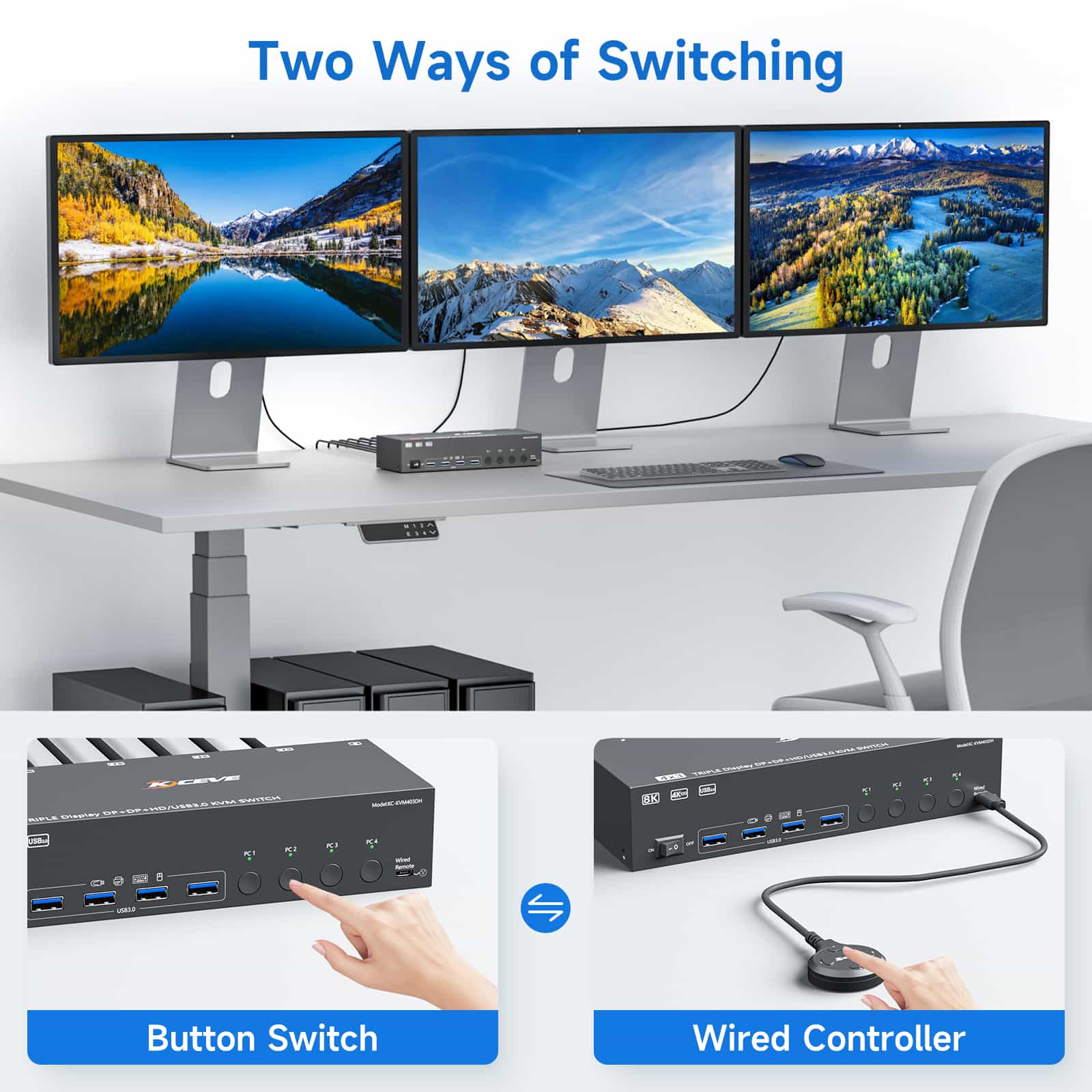 KVM403DH: 3 Monitors 4 Computers HD+Displayport,USB3.0 DP KVM Swithc,8K@30Hz/4K@144Hz Triple Monitor KVM Swith - 图片 6