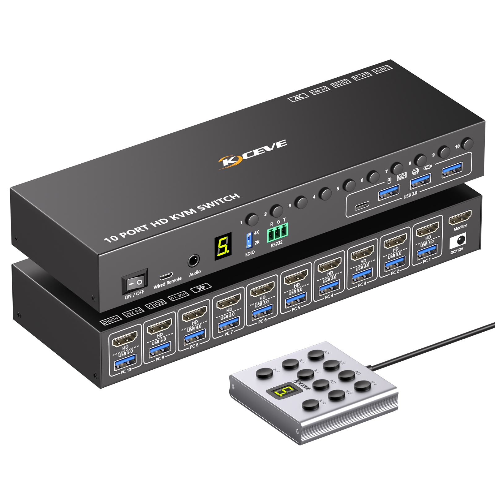 KVM1001A: 10-Port 4K60Hz HD KVM Switch, EDID Emulation, USB3.0, 10 PCs Share 1 Monitor+4 USB, Audio, RS232, Wired Remote, 12V Power & USB Cable